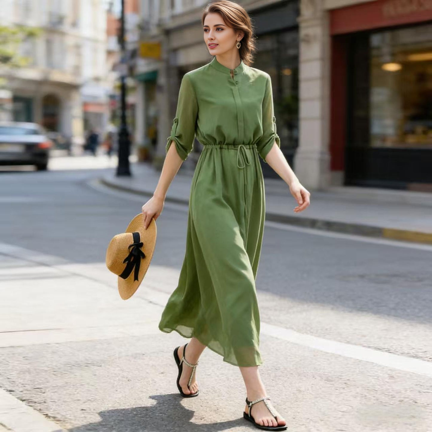 Soft Green Chiffon Dress with Tie Waist and Flowing Shape | Xiaolizi 6770