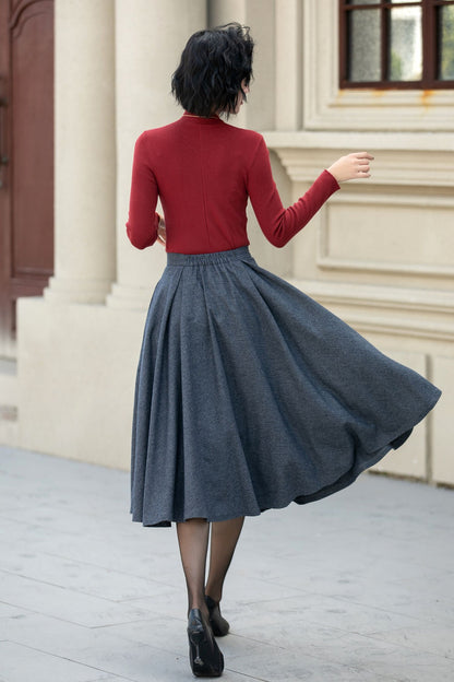Houndstooth Plaid Wool Midi Skirt – Vintage Swing A-Line Skirt with Pockets 5458