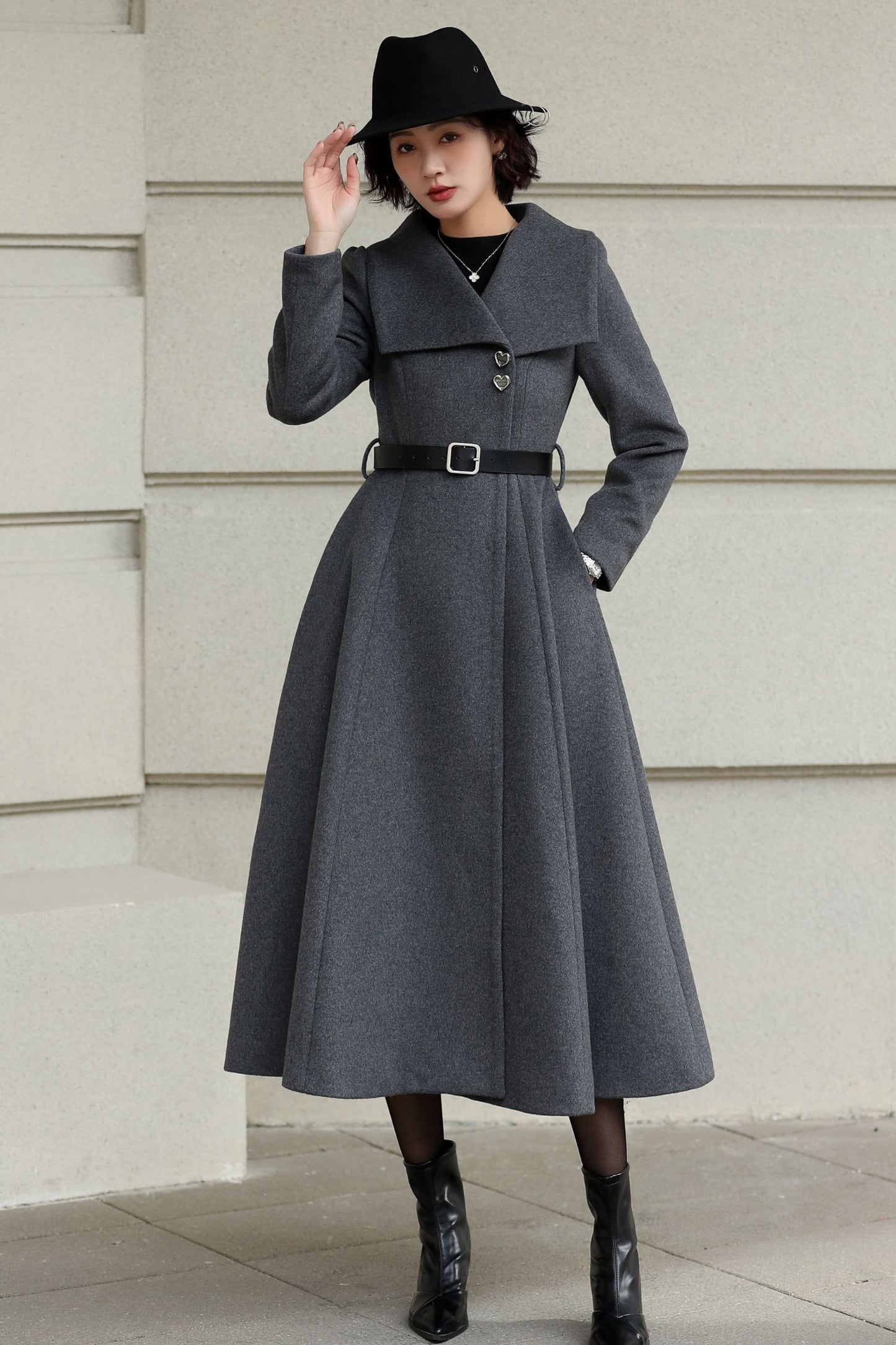Handmade Vintage Wool Coat – Gray Fit and Flare Belted Midi Winter Coat 6617