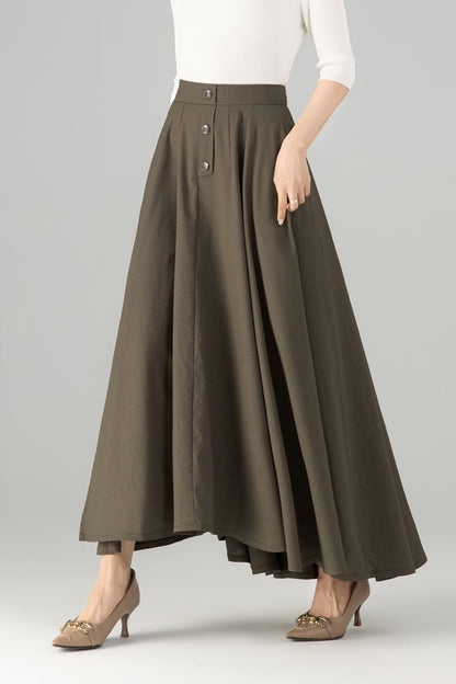 Olive Green Linen Cotton Maxi Skirt - Button-Up A-Line | Xiaolizi 5702