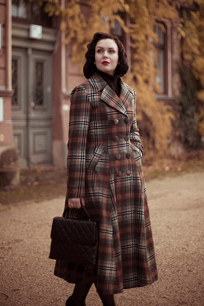 Vintage Brown Plaid Wool Coat – Elegant Double-Breasted Winter Overcoat 4737