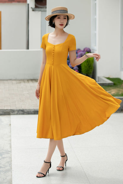 Linen Midi Dress for Women, Square Neckline | Xiaolizi 5981