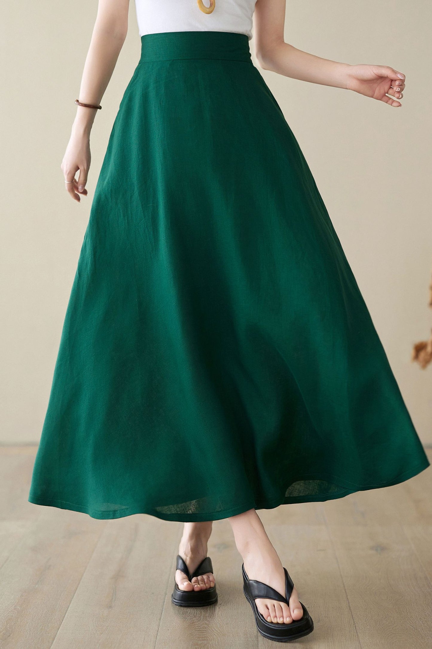 Green Linen Maxi Skirt with pockets 4974