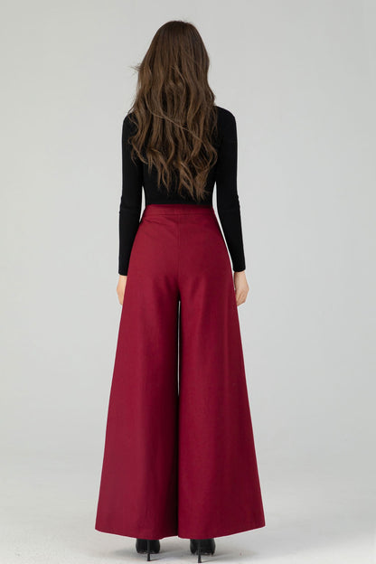 High waist burgundy wide leg long wool pants 4553