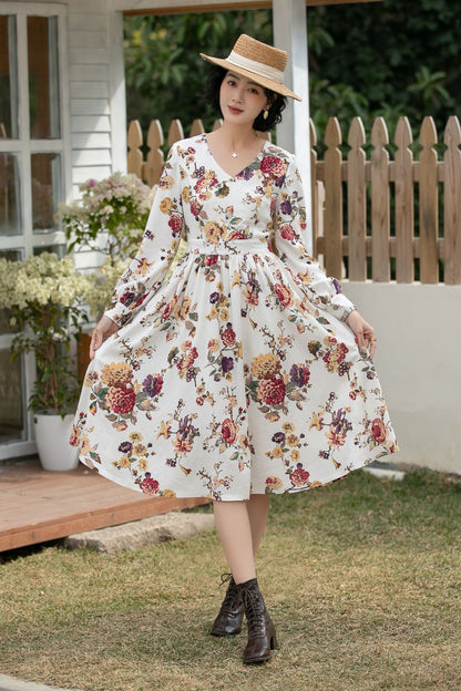 Xiaolizi Floral Linen Midi Dress – Vintage V Neck Swing 6692