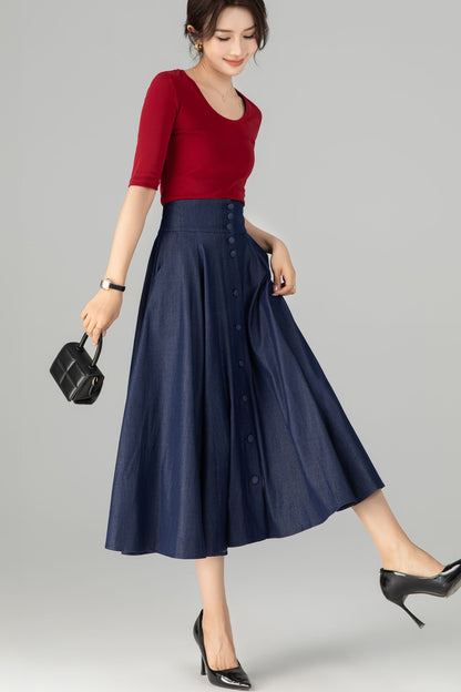Navy Cotton Denim Midi Skirt - High Waist A-Line Button Front 5713