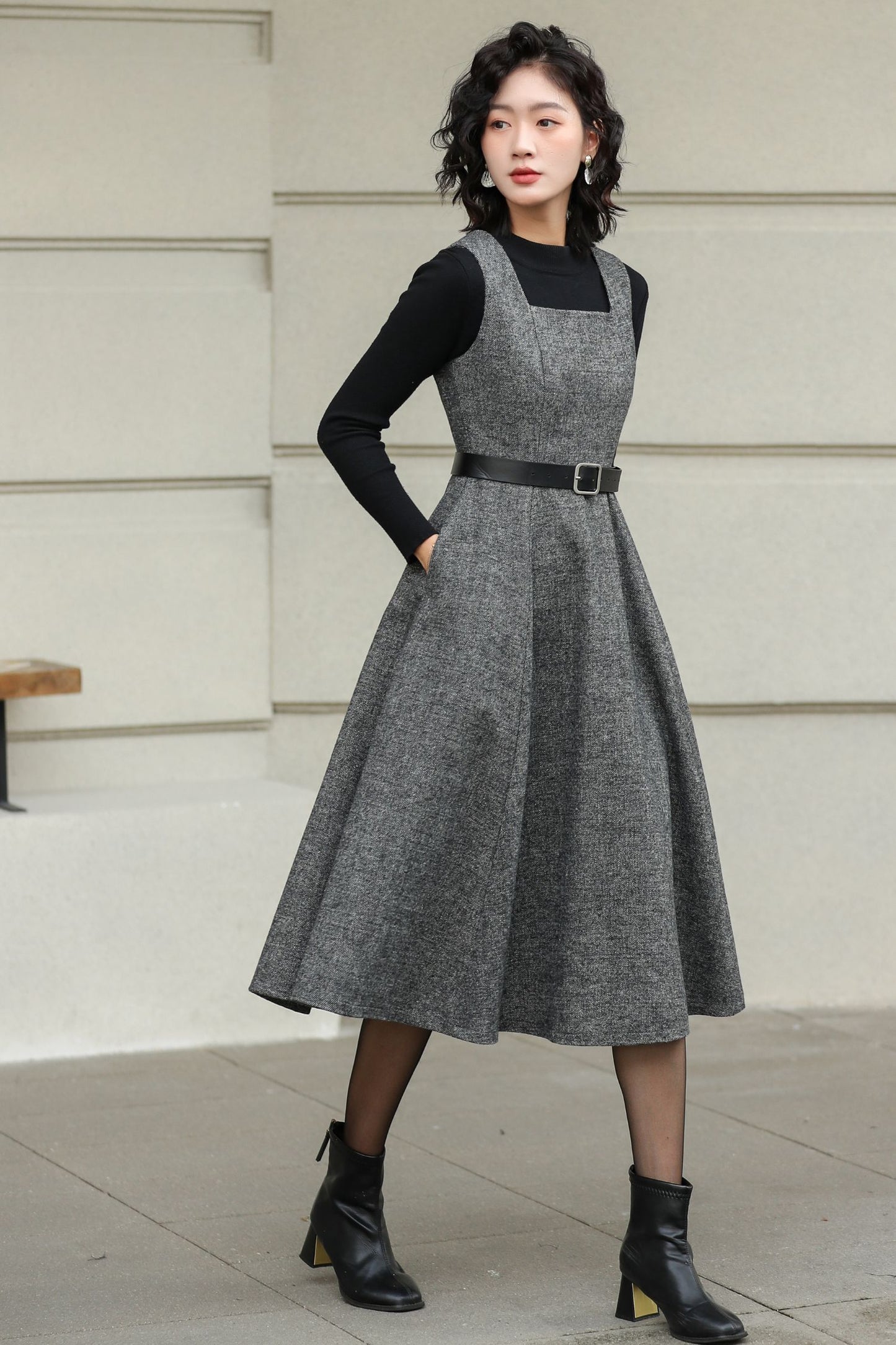 Handmade Wool Pinafore Dress – Gray Sleeveless Midi for Autumn Winter 6418