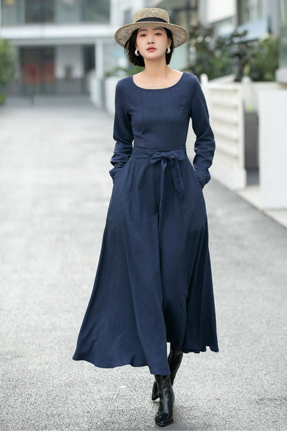 Navy Blue Linen Maxi Dress – Vintage Fit and Flare Long Sleeve Dress 6660