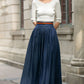 Navy Blue Linen Maxi Pleated Skirt 5688