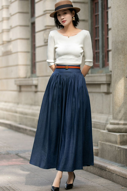 Navy Cotton Maxi Skirt - High Waist Pleated Two Pockets | Xiaolizi 5688