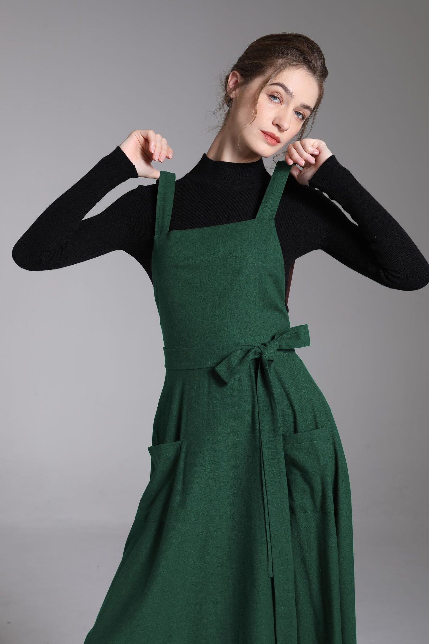Green Linen Pinafore Dress – Handmade Midi Apron Dress 6673