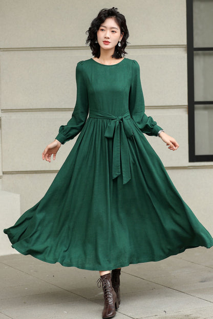 Green Linen Cotton Maxi Dress - Pleated Waist, Flowing A-Line Silhouette 6425