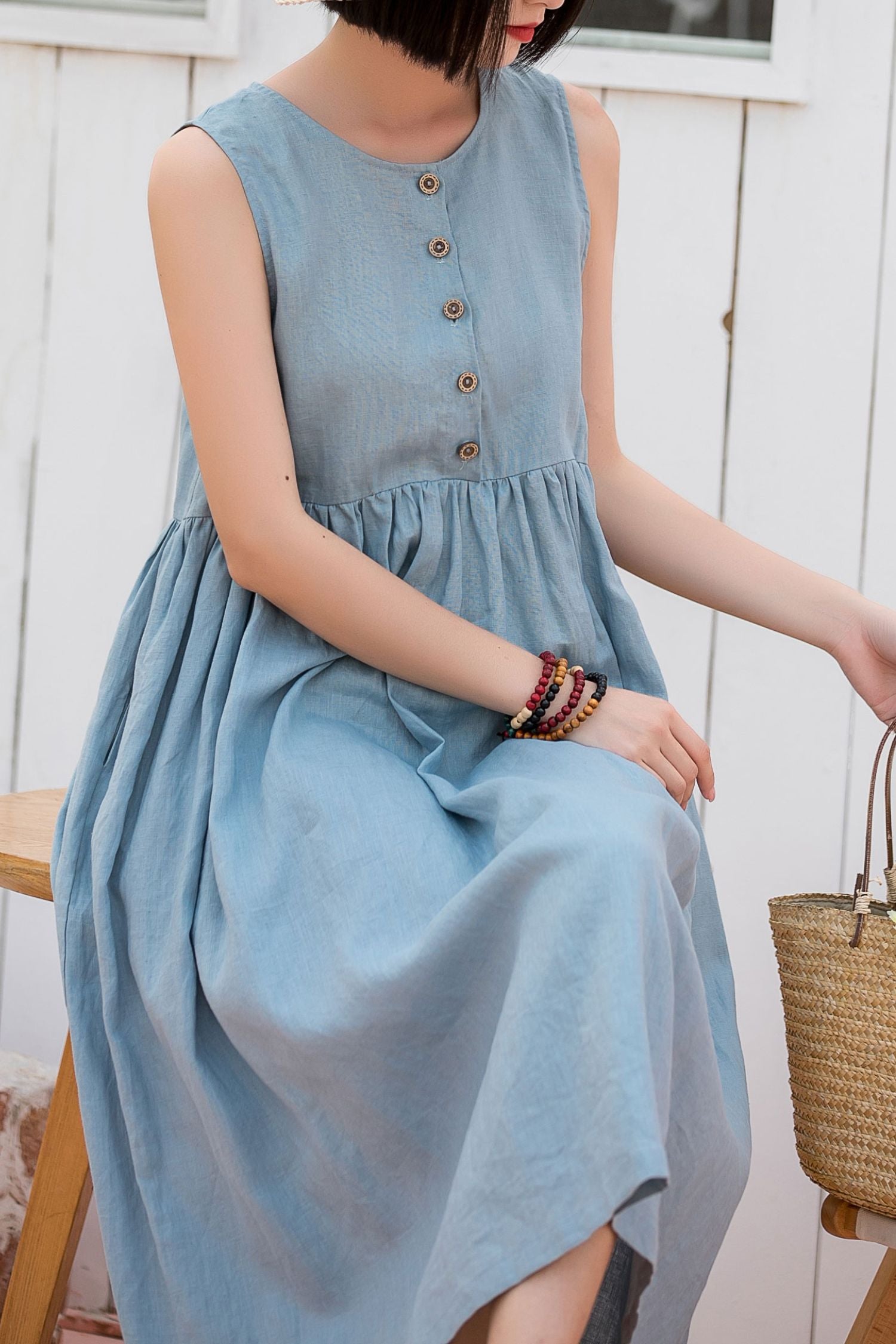 Light Blue Linen Dress A-Line Sleeveless Pockets