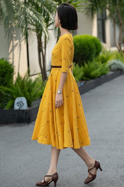 Yellow Linen Cotton Midi Dress – Vintage Fit & Flare with Pockets 6668 -Size XS #CK2600011