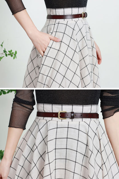 Plaid Linen Midi Skirt - High Waist Circle Swing Tartan | Xiaolizi 5738