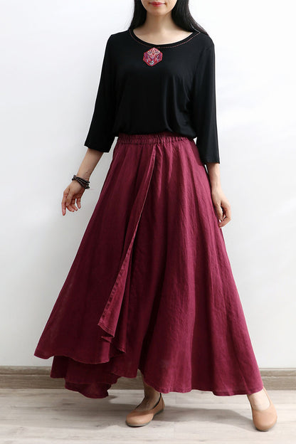 Burgundy Linen Cotton Maxi Skirt - Asymmetrical Soft Flow 4301