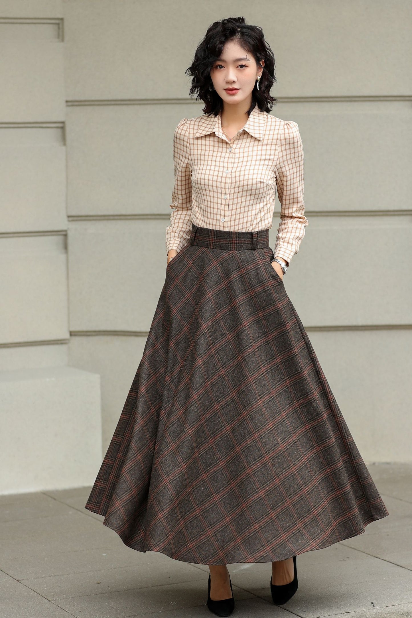 Handmade Dark Brown Plaid Wool Maxi Skirt – High Waist A-line Winter Elegance 6424