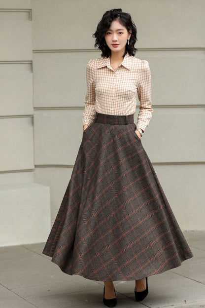 Handmade Dark Brown Plaid Wool Maxi Skirt – High Waist A-line Winter Elegance 6424