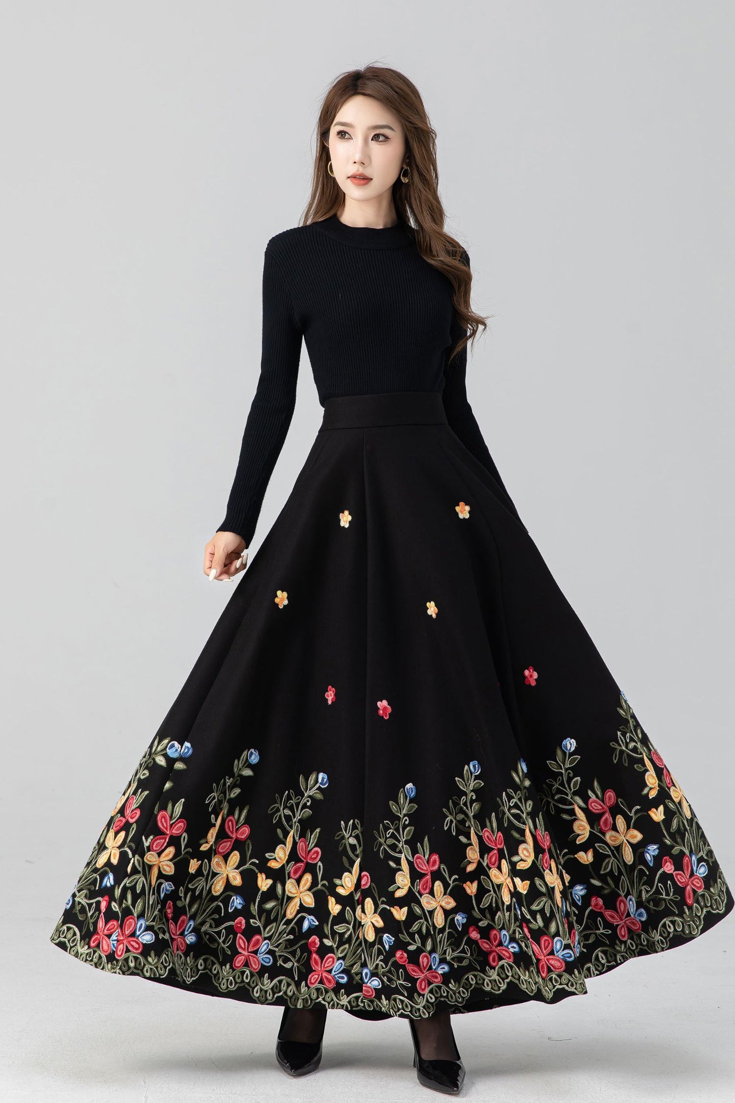 Black Maxi Embroidered Wool Skirt 5270