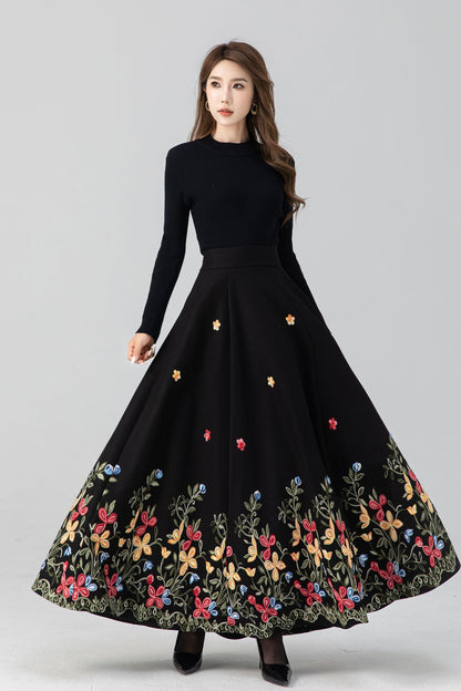 Classic Black Wool Maxi Skirt – Floral Embroidery Hem, A-Line – 5270
