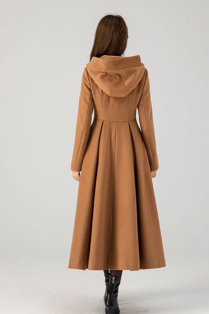 Camel Wool Hooded Coat – Vintage Fit and Flare Long Winter Overcoat 4606