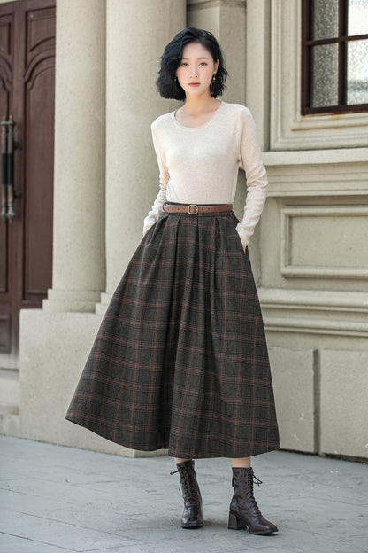 A line plaid midi winter wool skirt 5315