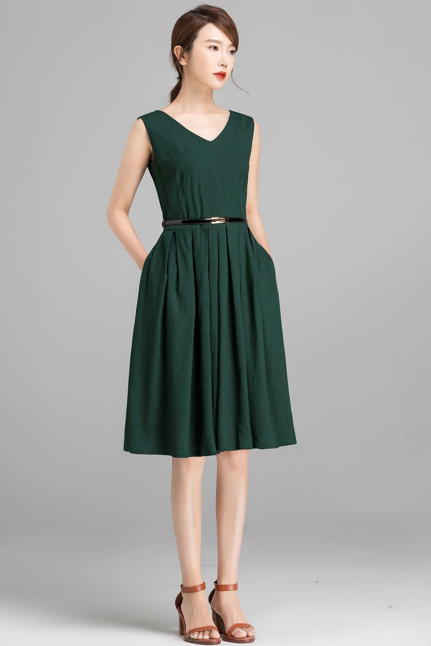 Sleeveless knee length green linen dress 2357 Xiaolizi Sleeveless knee length green linen dress 2357 Xiaolizi