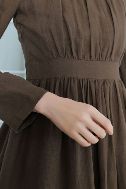Brown Linen Midi Dress - A-Line Silhouette with Long Sleeves 5515