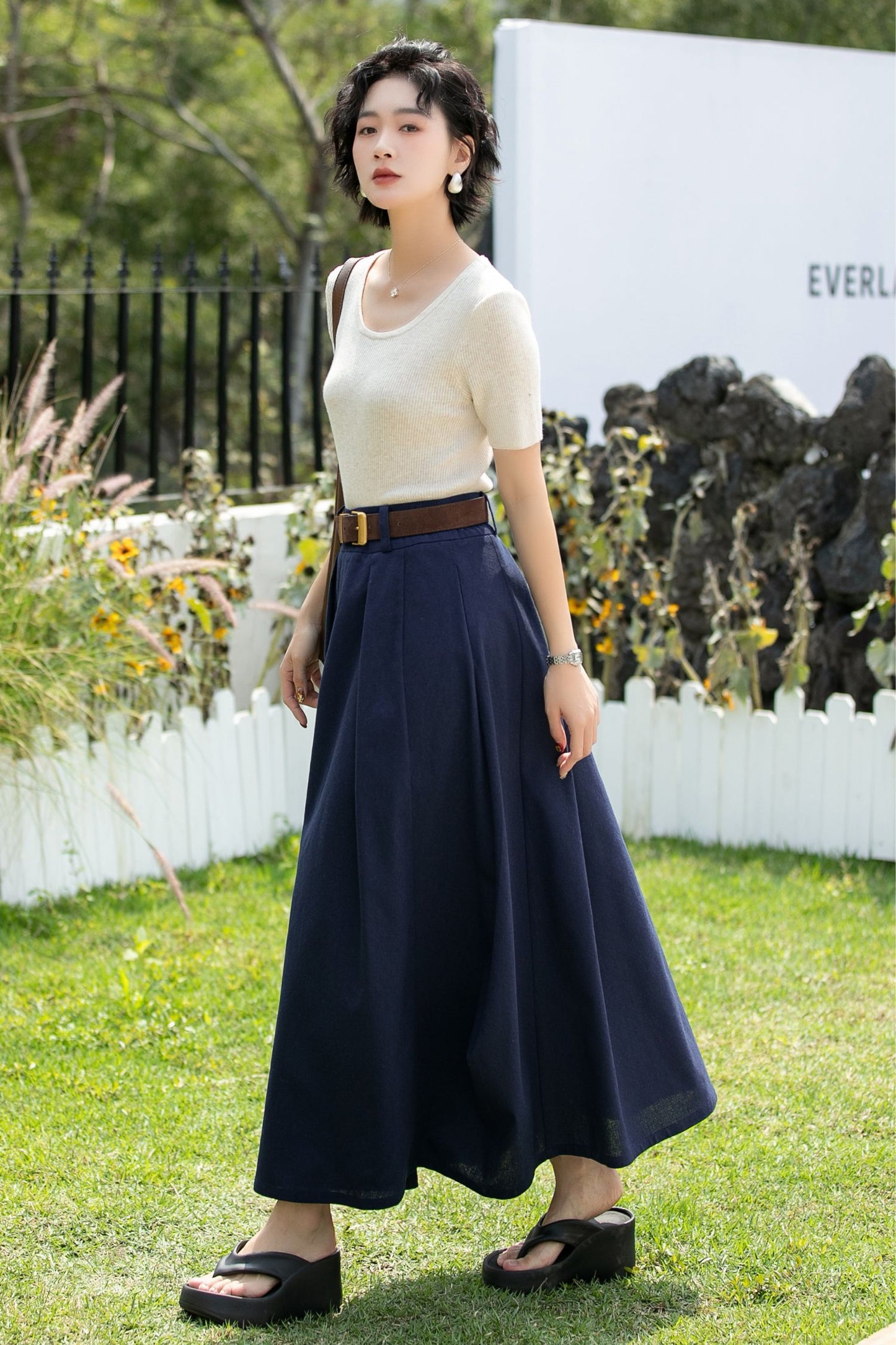 Handmade Navy Linen Cotton Asymmetrical Maxi Skirt | Xiaolizi 6740