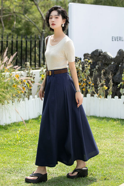 Handmade Navy Linen Cotton Asymmetrical Maxi Skirt | Xiaolizi 6740