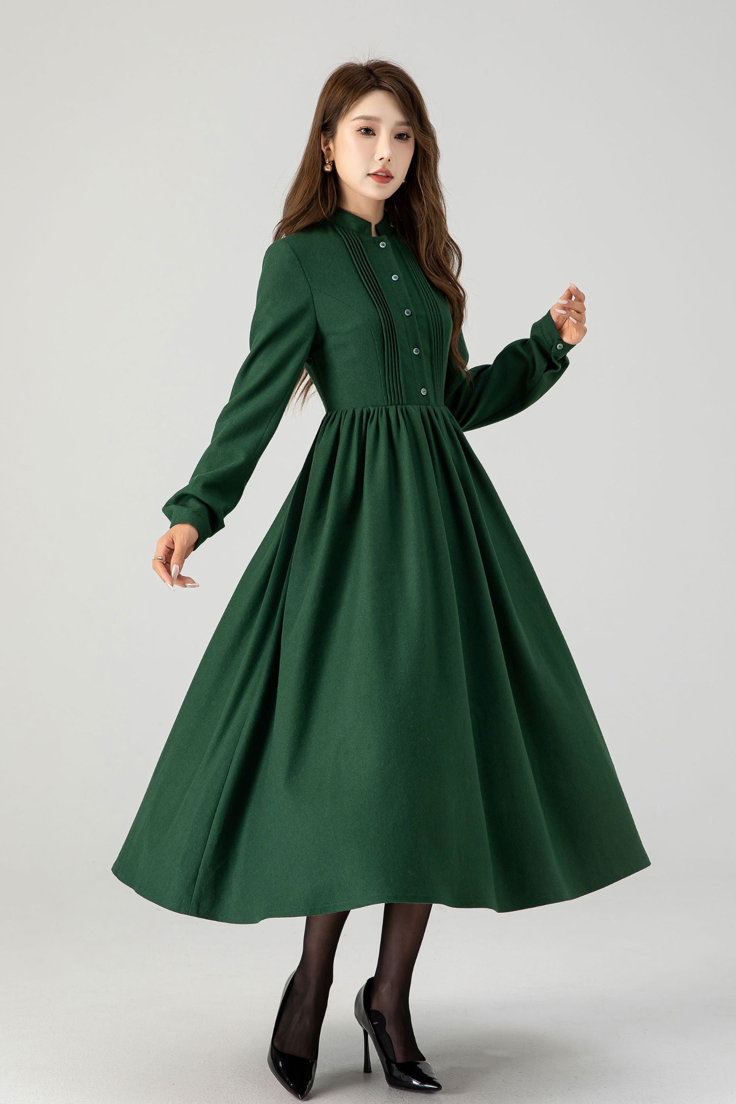 Green long sleeves winter wool dress women 4609 Xiaolizi Green long sleeves winter wool dress women 4609 Xiaolizi