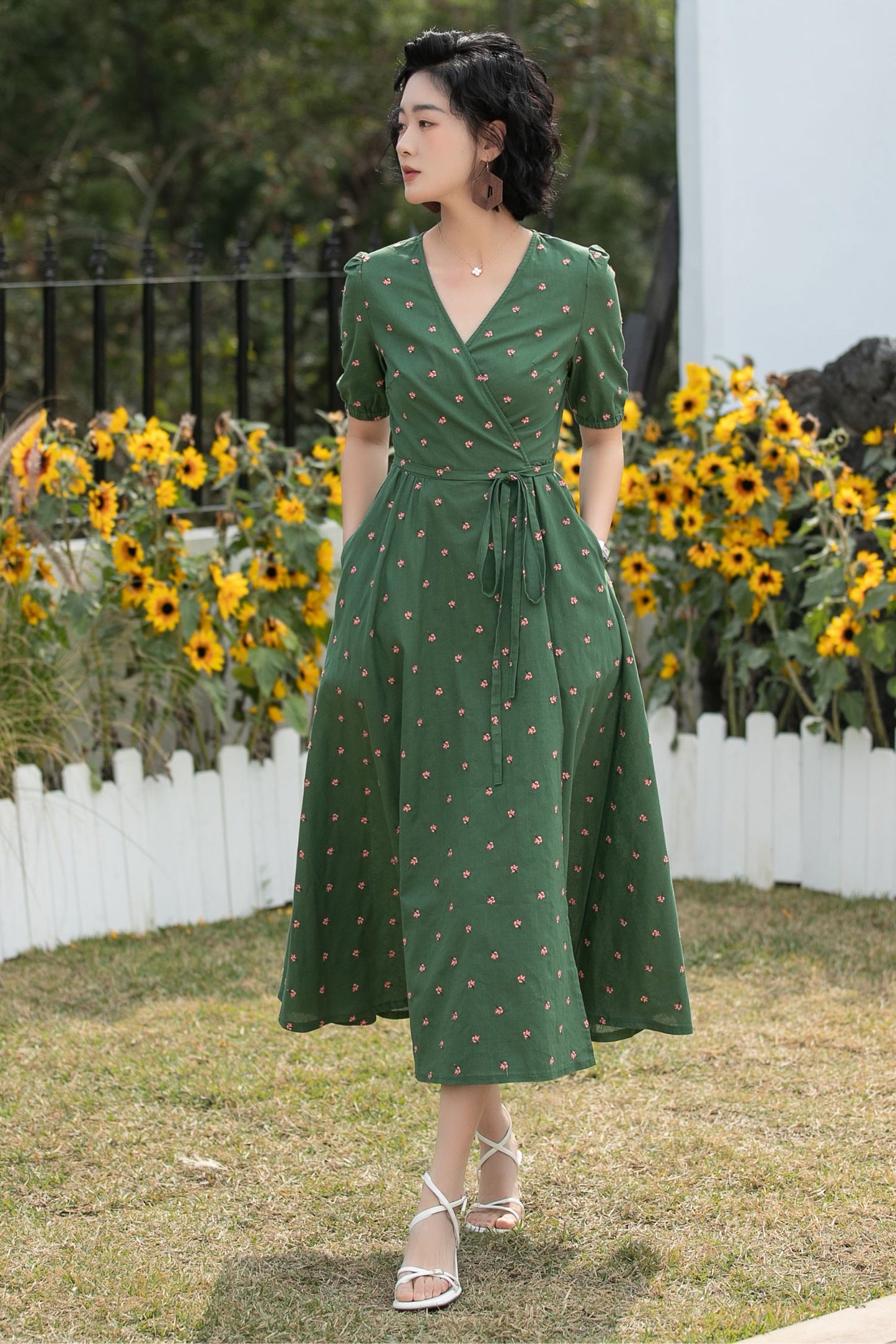 Xiaolizi Green Linen Midi Dress – Vintage Wrap Puff Sleeve Summer Dress 6689 -Size XS #CK2600175