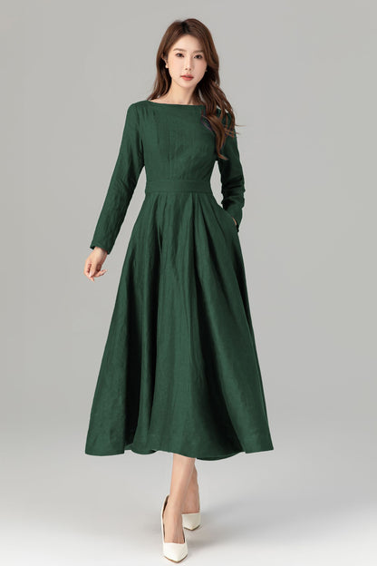 Emerald Green Linen Midi Dress - Fit Flare Pockets | Xiaolizi 5763