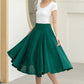 Classic Dark Green Linen Midi Skirt – High-Waisted A-Line Flare – 5834