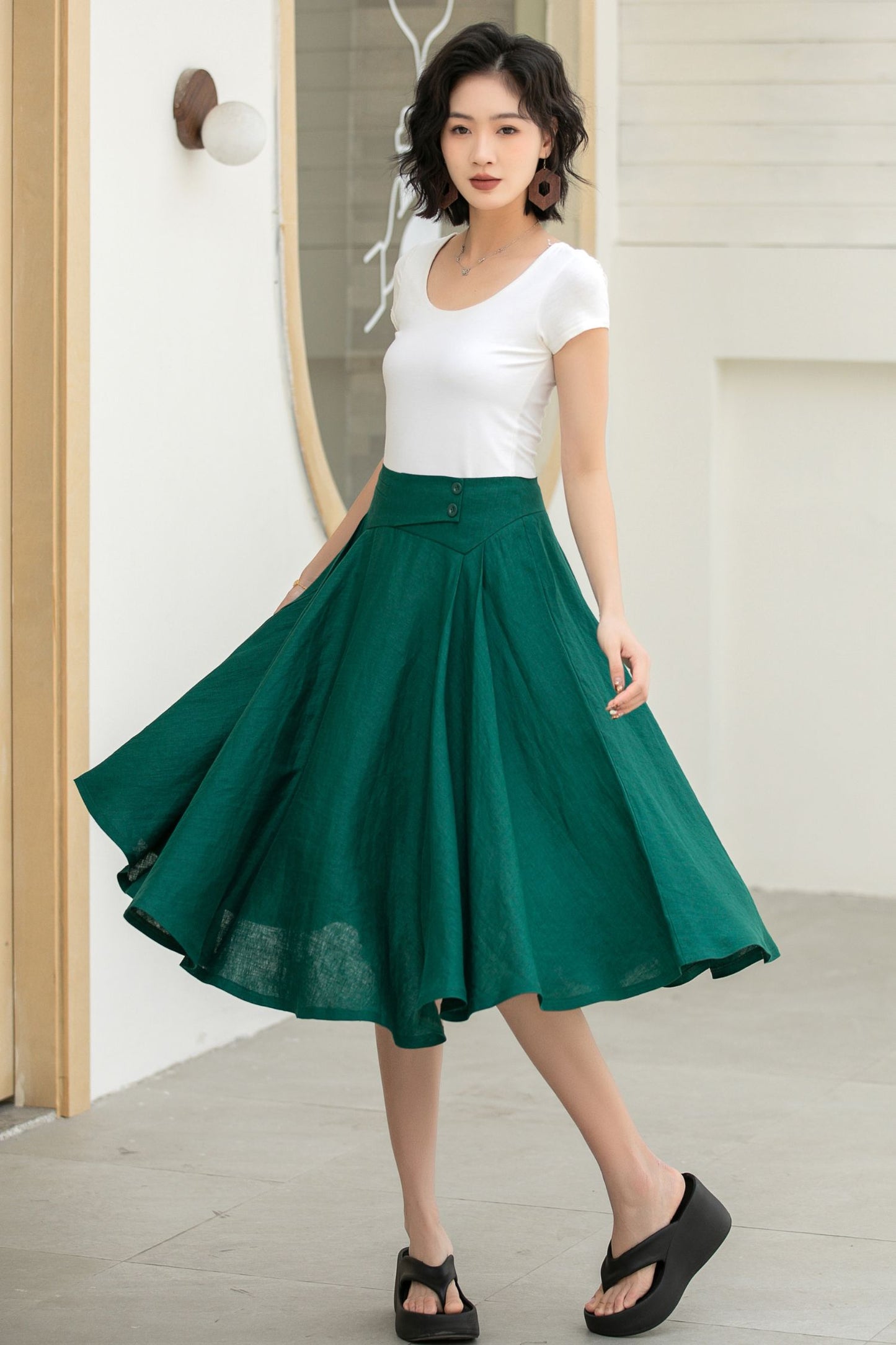 Classic Dark Green Linen Midi Skirt – High-Waisted A-Line Flare – 5834