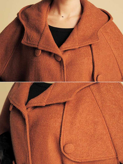 Vintage Wool Blend Cape – Brown Hooded Poncho Coat with Pockets | Xiaolizi 0390