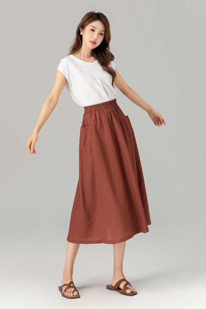 Rust Linen A-Line Midi Skirt - Elastic Waist with Pockets 4905