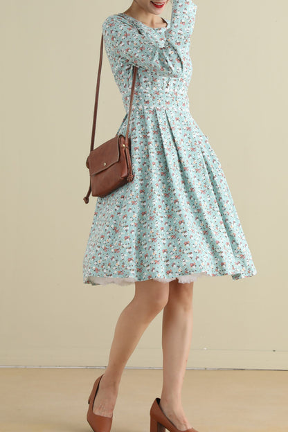 Floral Linen Knee-Length Dress - Long Sleeve, Round Neck 2795