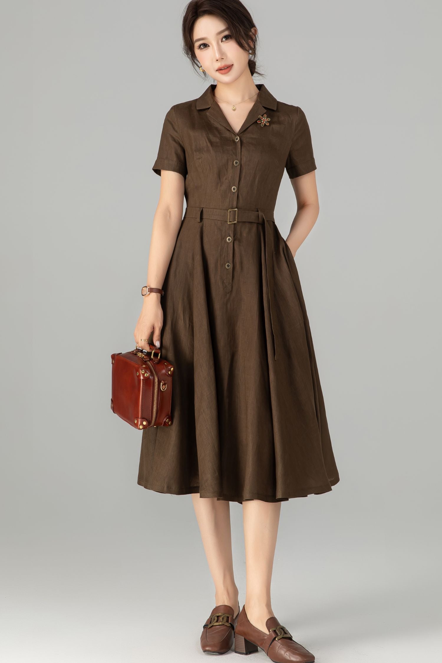 Retro Coffee Linen Dress – Short Sleeve Shirt Midi Dress 5711 Brown / S Retro Coffee Linen Dress – Short Sleeve Shirt Midi Dress 5711 Brown / S