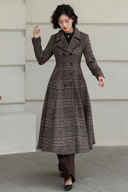 Plaid Wool Coat - Vintage Inspired Fit and Flare Long Double Breasted 6529
