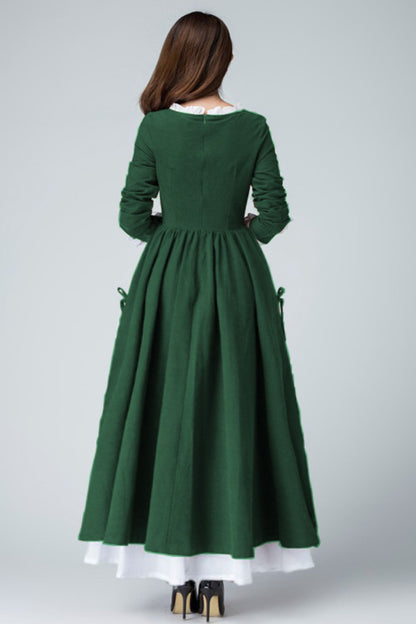 Xiaolizi Linen Maxi Dress – Vintage Green Fit and Flare Dress with chiffon hem 6317