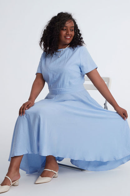 Blue Linen Midi Swing Dress - Boat Neck Pockets | Xiaolizi 3401