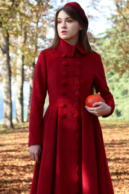 Handmade Red Wool Coat – Vintage Princess Winter Maxi Overcoat 3219