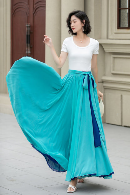 Blue Chiffon Maxi Circle Skirt - Elastic Waist Big Swing | Xiaolizi 5170