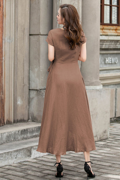 Brown Linen Wrap Dress – Handmade Summer Vintage Elegance 5761