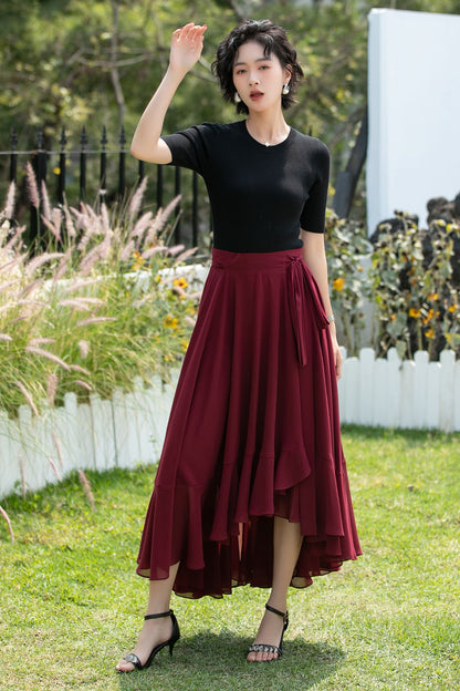 Chiffon Wrap Midi Skirt with Asymmetric Ruffle Hem | Xiaolizi 6742