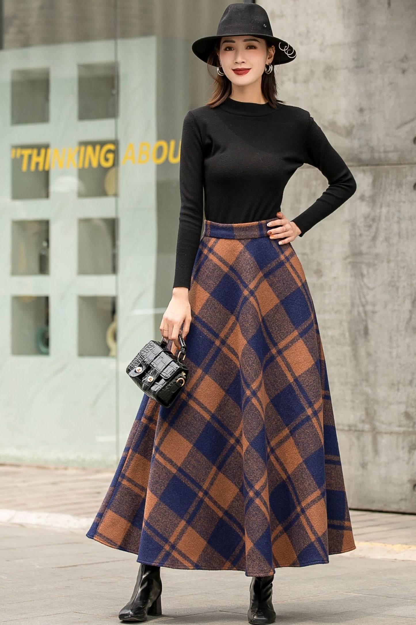 Women Winter long Plaid Wool skirt 2835