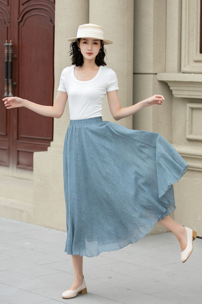 Blue Linen Cotton Midi Skirt - A-Line Swing | Xiaolizi 5150