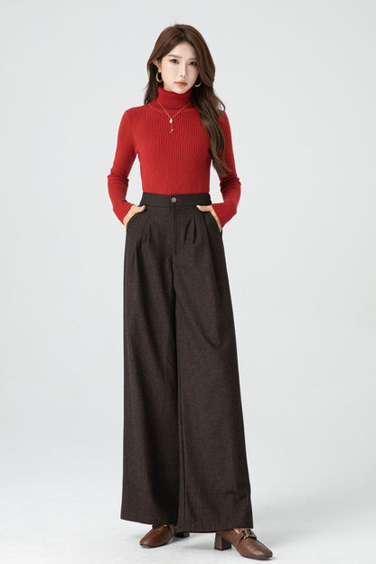 Brown Wool Wide Leg Pants - Soft Lined Winter Essential 5318