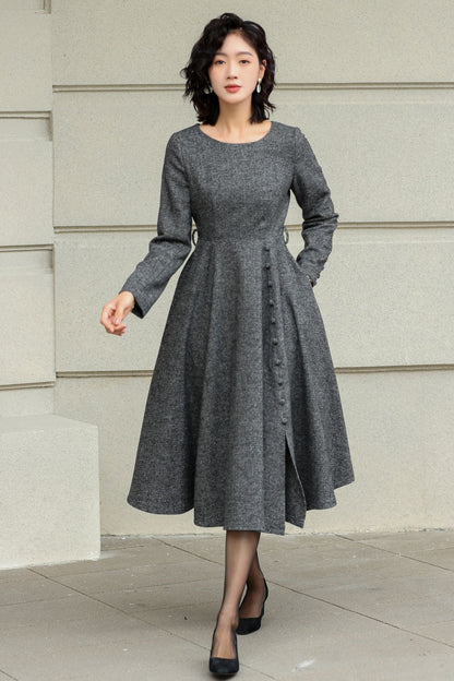 Grey Wool Midi Dress - Elegant A-Line Fit with Button Detail 6423